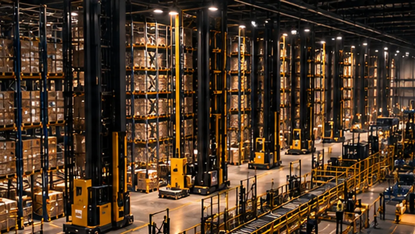 High-bay very-narrow-aisle pallet racking in a warehouse