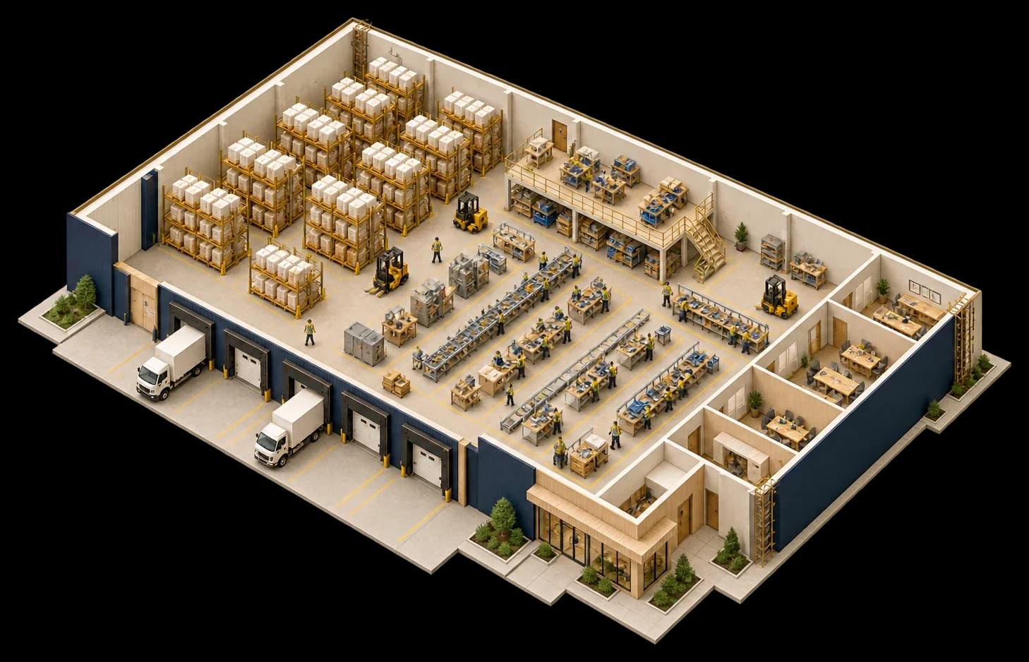 3D render of a warehouse facility layout with storage, flow paths and docks
