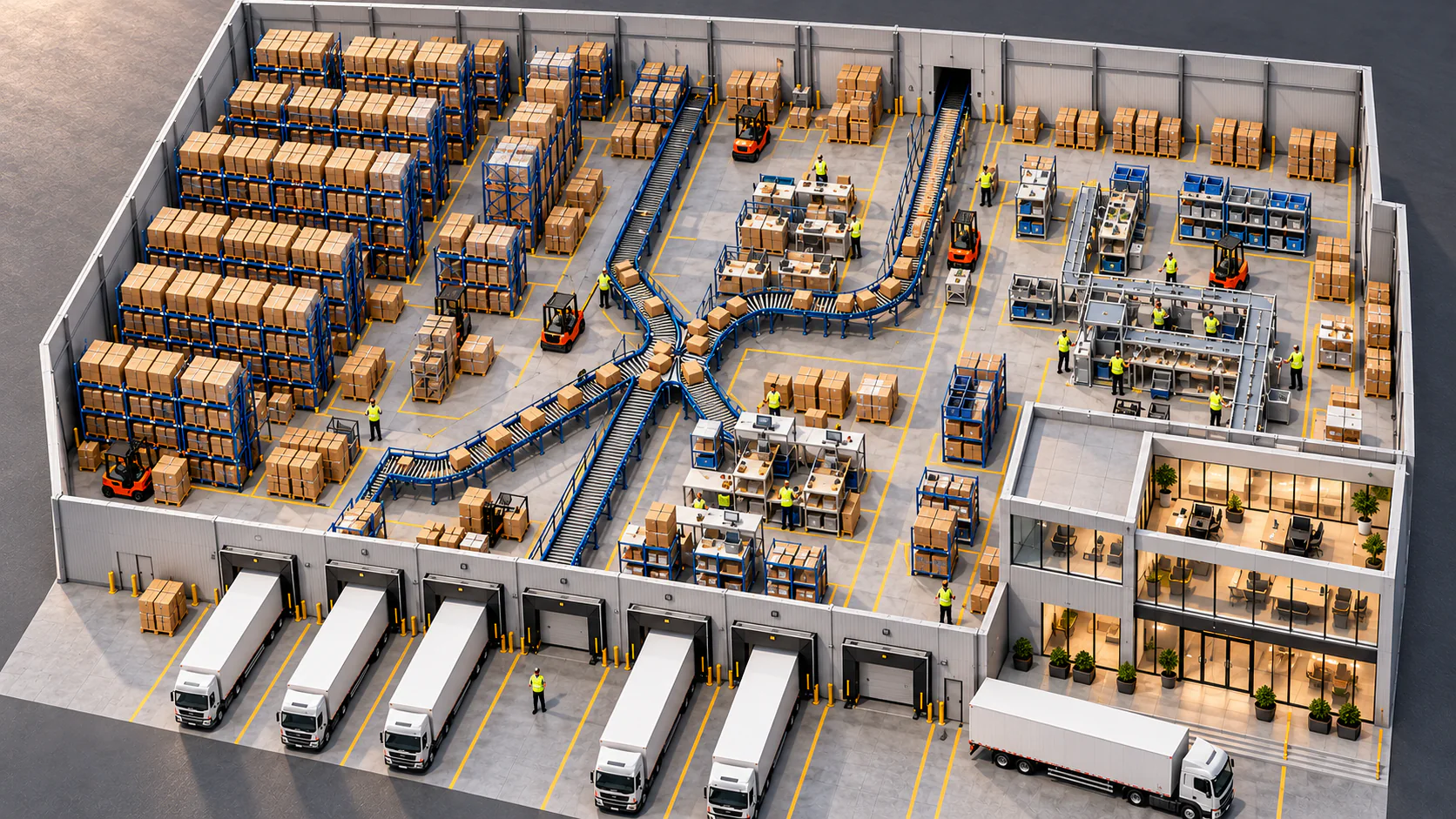 Aerial view of a warehouse floor with pallet racking, merging conveyors, packing stations and loading docks